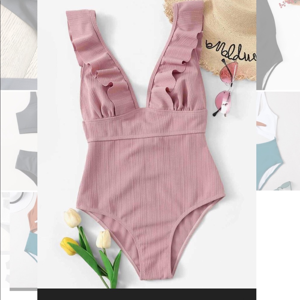 Pink ruffle swim suit one piece shein xlarge